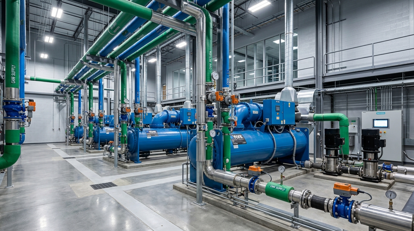 Commercial HVAC central chiller plant room
