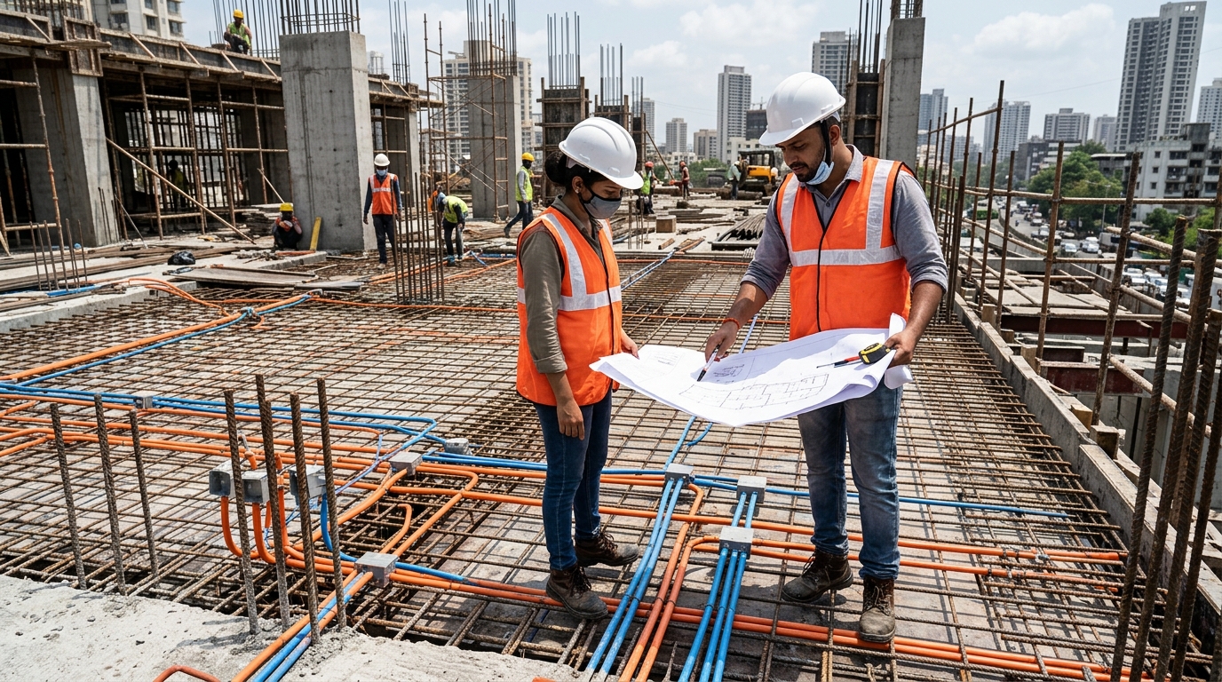 Engineers conducting pre-pour slab conduit inspection
