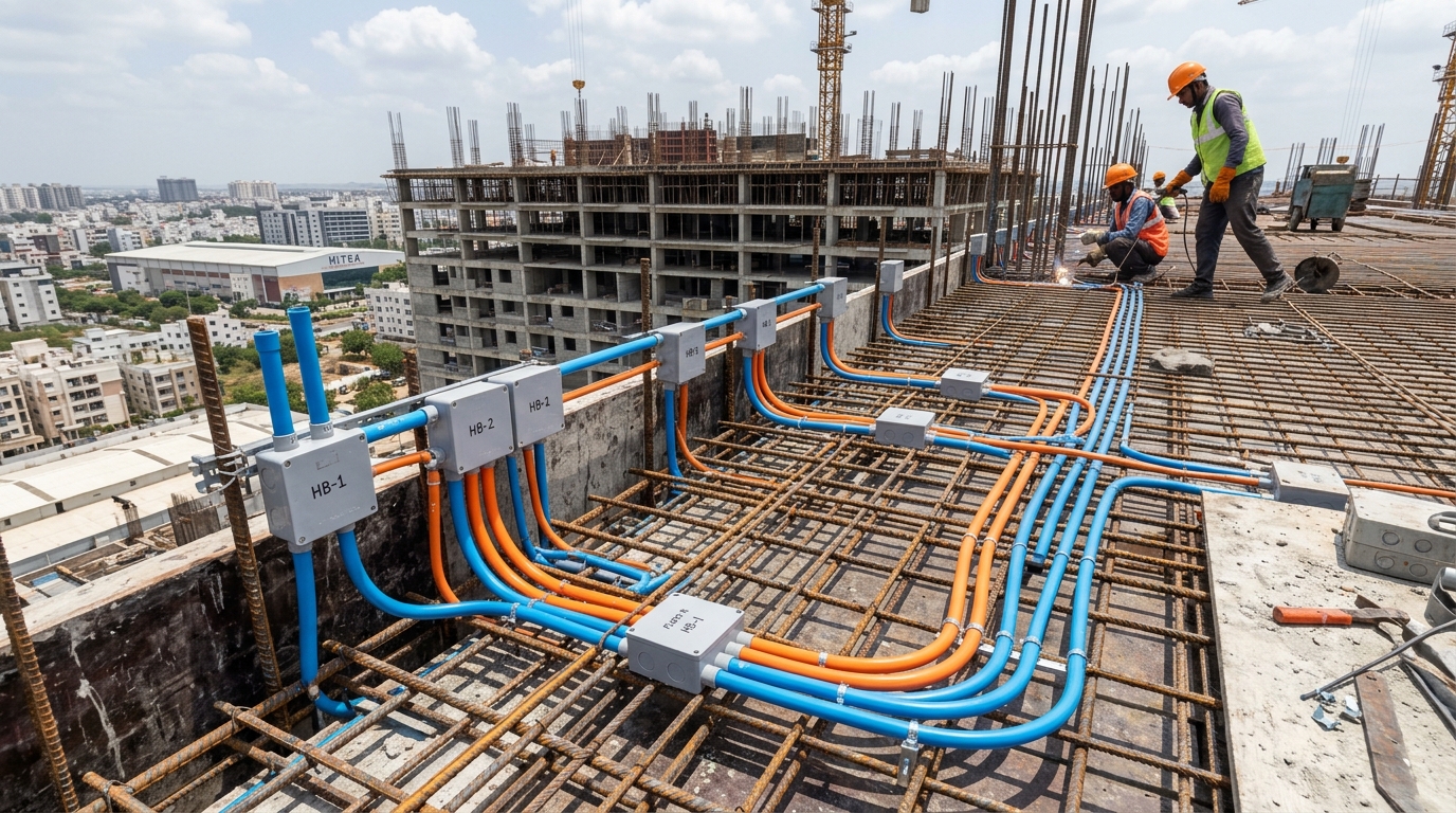 Organized slab conduit network before concrete pouring